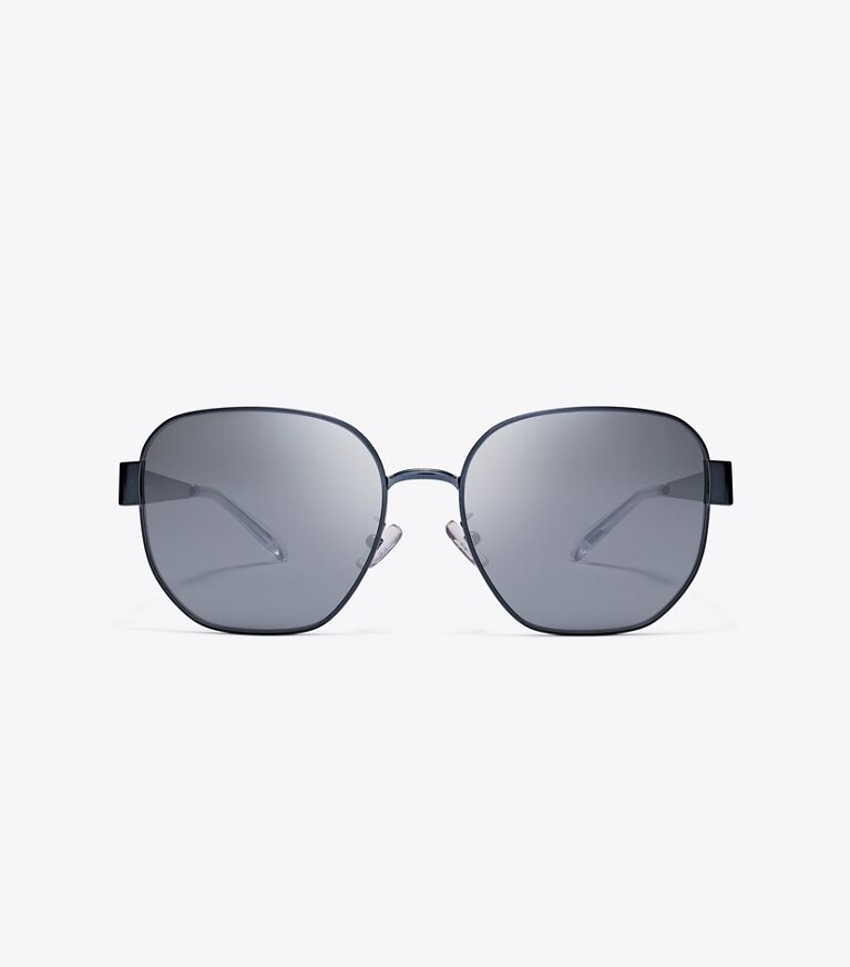 Tory Burch diseñador gafas de sol y anteojos Gafas de sol cuadradas de metal Miller en NAVY/DARK GREY FLASH frente