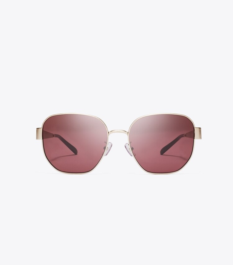 Tory Burch diseñador gafas de sol y anteojos Gafas de sol cuadradas de metal Miller en BRUSHED LIGHT GOLD/WINE frente