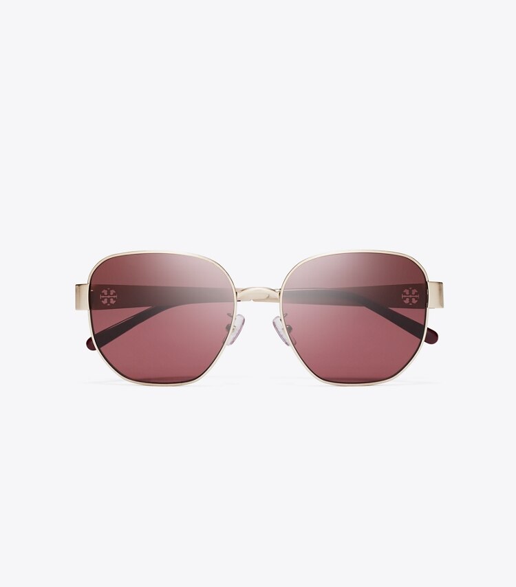 Tory Burch diseñador gafas de sol y anteojos Gafas de sol cuadradas de metal Miller en BRUSHED LIGHT GOLD/WINE vista superior