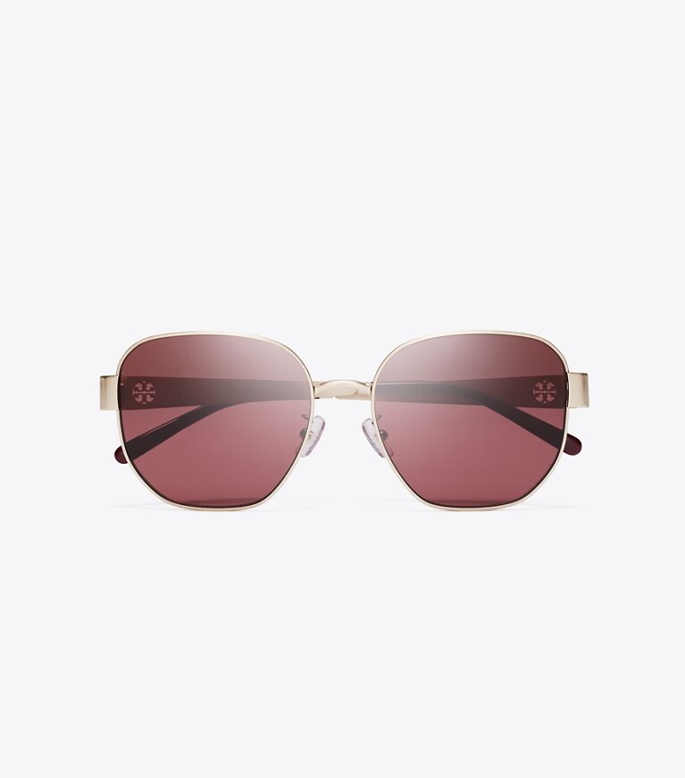 Tory Burch diseñador gafas de sol y anteojos Gafas de sol cuadradas de metal Miller en BRUSHED LIGHT GOLD/WINE vista superior