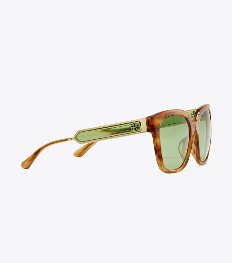 Tory Burch diseñador gafas de sol y anteojos Gafas de sol cuadradas Kira en HONEY WOOD detalle