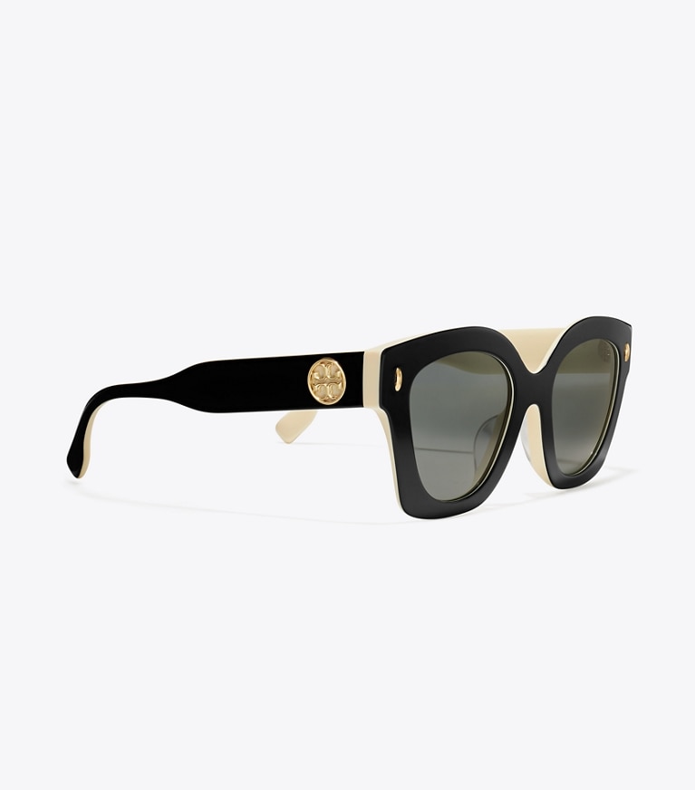 Tory Burch diseñador gafas de sol y gafas graduadas Gafas de sol cuadradas Miller en BLACK/IVORY/DARK GREY detalle