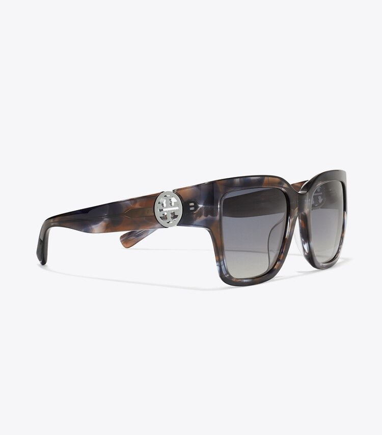 Tory Burch diseñador gafas de sol y anteojos Gafas de sol cuadradas Miller en BLUE SMOKE TORTOISE/POLAR GRAY GRADIENT detalle