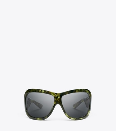 Tory Burch diseñador gafas de sol y anteojos Gafas de sol envolventes de pasarela en GREEN MARBLE/DARK GREY frente