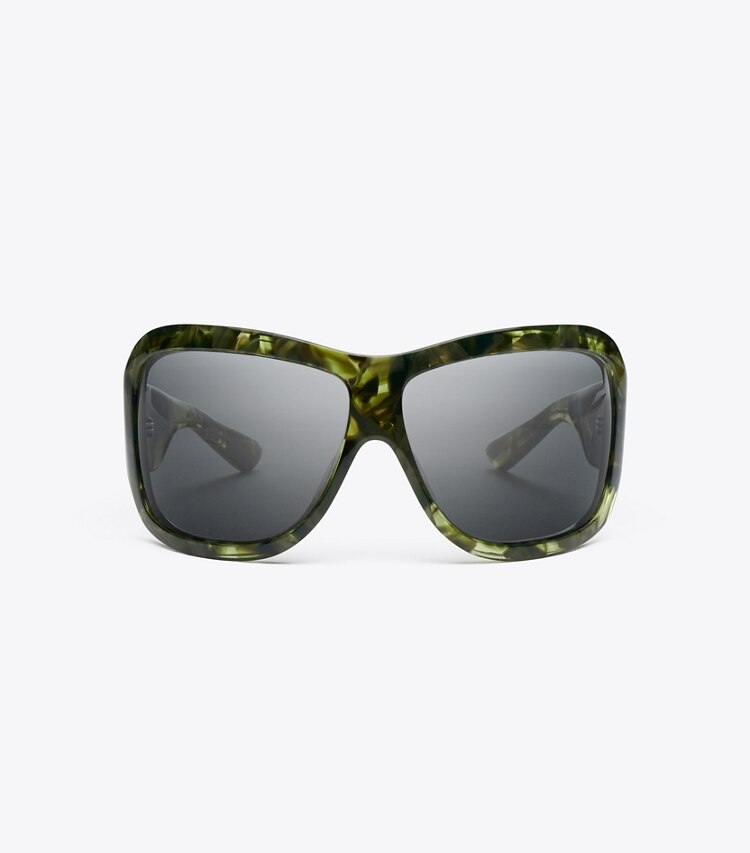 Tory Burch diseñador gafas de sol y anteojos Gafas de sol envolventes de pasarela en GREEN MARBLE/DARK GREY frente