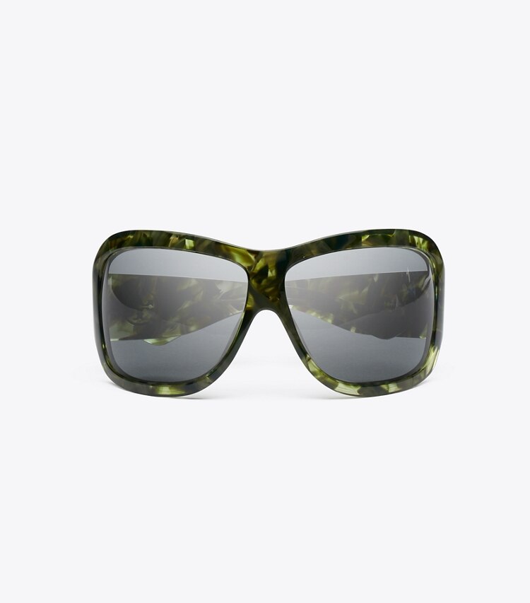 Tory Burch diseñador gafas de sol y anteojos Gafas de sol envolventes de pasarela en GREEN MARBLE/DARK GREY vista superior