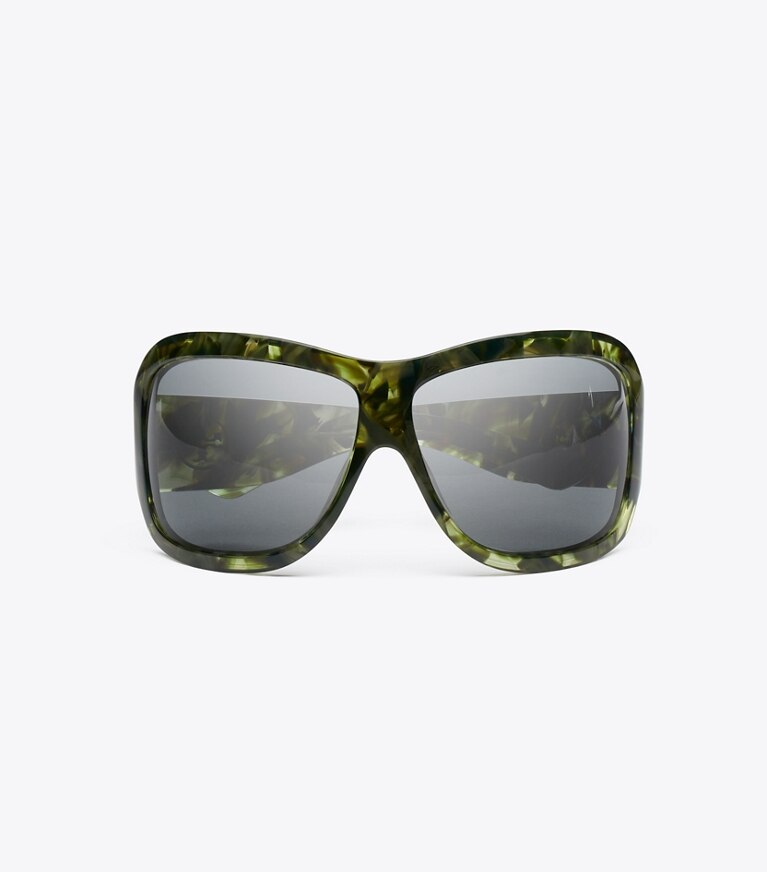 Tory Burch diseñador gafas de sol y anteojos Gafas de sol envolventes de pasarela en GREEN MARBLE/DARK GREY vista superior