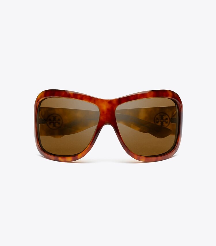 Tory Burch diseñador gafas de sol y gafas graduadas Gafas de sol envolventes de pasarela en ORANGE TORTOISE/DARK BROWN vista superior