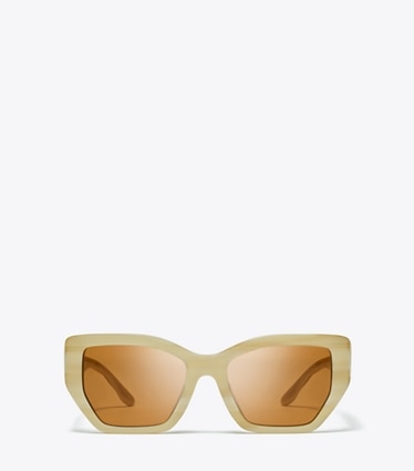 Tory Burch diseñador gafas de sol y anteojos Gafas de sol extragrandes Kira con diseño geométrico en IVORY HORN/SOLID BROWN frente