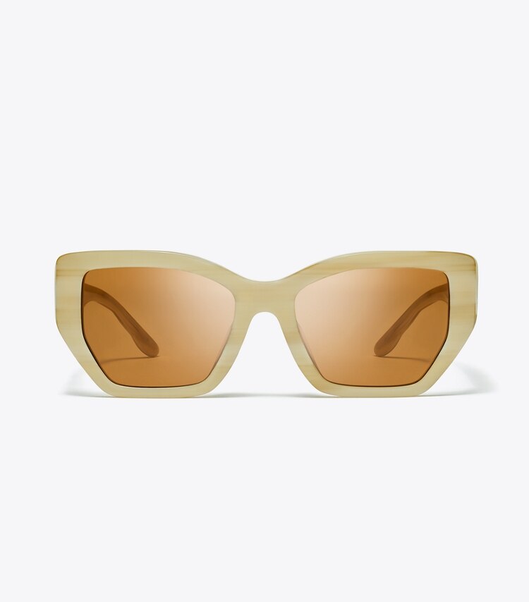 Tory Burch diseñador gafas de sol y anteojos Gafas de sol extragrandes Kira con diseño geométrico en IVORY HORN/SOLID BROWN frente