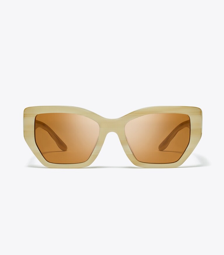 Tory Burch diseñador gafas de sol y anteojos Gafas de sol extragrandes Kira con diseño geométrico en IVORY HORN/SOLID BROWN frente