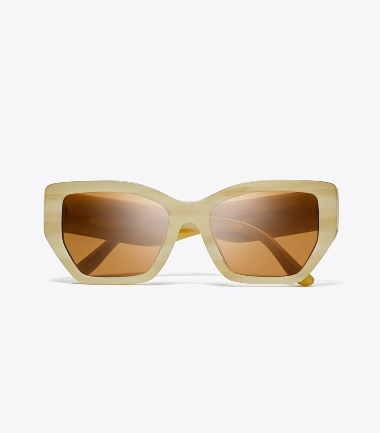 Tory Burch diseñador gafas de sol y anteojos Gafas de sol extragrandes Kira con diseño geométrico en IVORY HORN/SOLID BROWN vista superior
