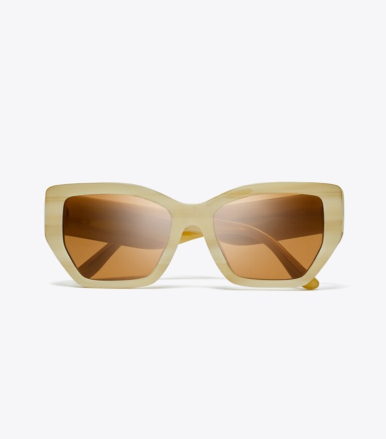 Tory Burch diseñador gafas de sol y anteojos Gafas de sol extragrandes Kira con diseño geométrico en IVORY HORN/SOLID BROWN vista superior