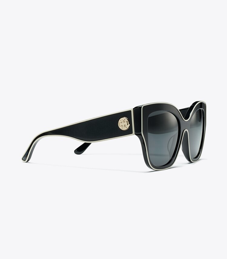 Tory Burch diseñador gafas de sol y anteojos Gafas de sol extragrandes Miller tipo mariposa en BLACK W/IVORY PIPING/SOLID GREY detalle