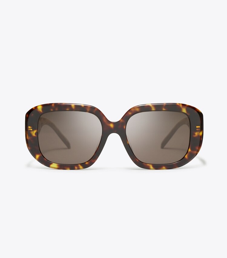 Tory Burch diseñador gafas de sol y anteojos Gafas de sol geométricas con monograma de T en DARK TORTOISE/ SOLID BROWN frontal