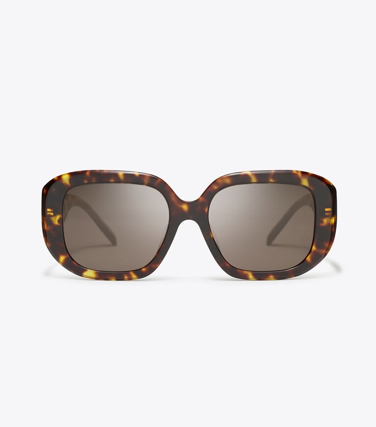 Tory Burch diseñador gafas de sol y anteojos Gafas de sol geométricas con monograma de T en DARK TORTOISE/ SOLID BROWN frontal