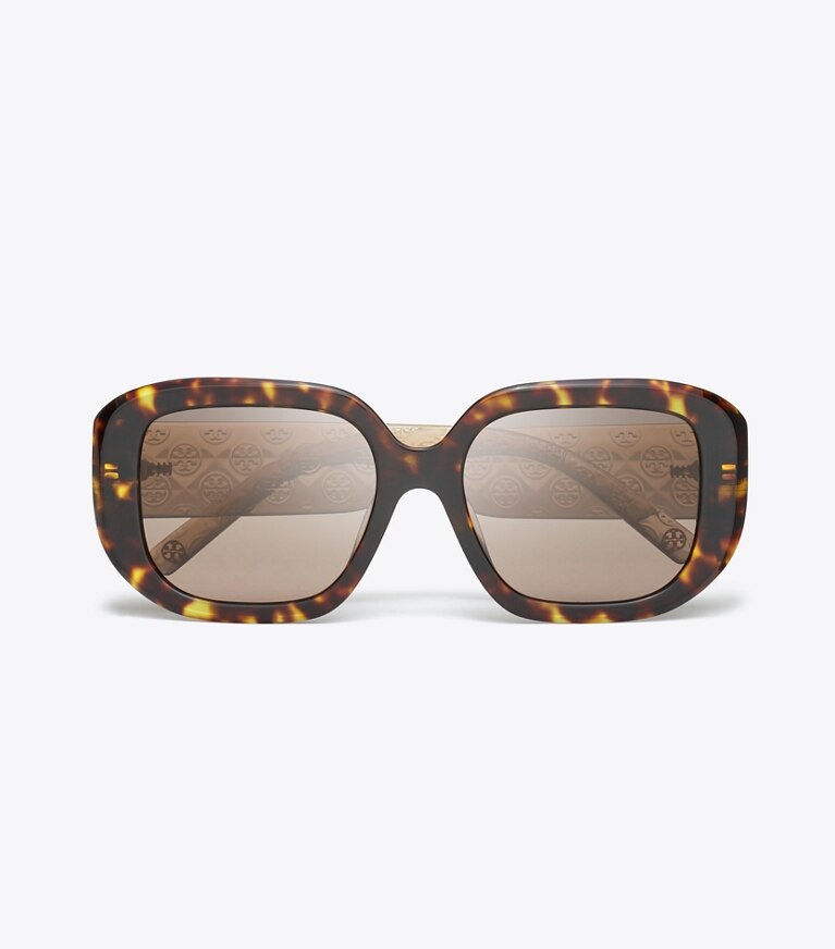 Tory Burch diseñador gafas de sol y anteojos Gafas de sol geométricas con monograma de T en DARK TORTOISE/ SOLID BROWN desde arriba