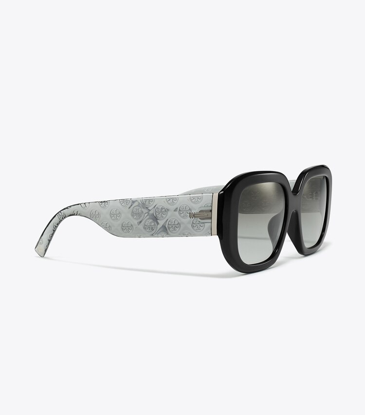 Tory Burch diseñador gafas de sol y gafas graduadas Gafas de sol geométricas con monograma en forma de T en BLACK/GREY GRADIENT detalle