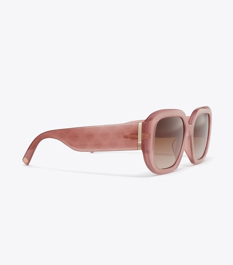 Tory Burch diseñador gafas de sol y anteojos Gafas de sol geométricas con monograma en forma de T en MILKY WINE PINK/BROWN MIRROR detalle