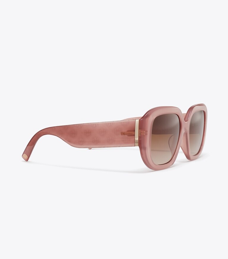 Tory Burch diseñador gafas de sol y anteojos Gafas de sol geométricas con monograma en forma de T en MILKY WINE PINK/BROWN MIRROR detalle