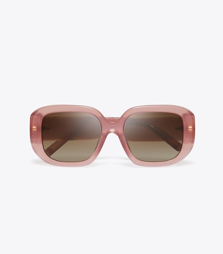 Tory Burch diseñador gafas de sol y anteojos Gafas de sol geométricas con monograma en forma de T en MILKY WINE PINK/BROWN MIRROR vista superior
