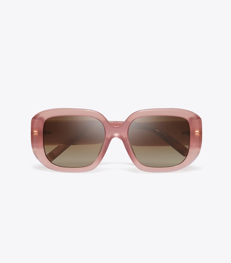 Tory Burch diseñador gafas de sol y anteojos Gafas de sol geométricas con monograma en forma de T en MILKY WINE PINK/BROWN MIRROR vista superior