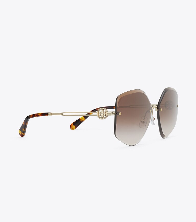 Tory Burch diseñador gafas de sol y anteojos Gafas de sol geométricas de metal Miller en SHINY LIGHT GOLD/BROWN GRADIENT detalle