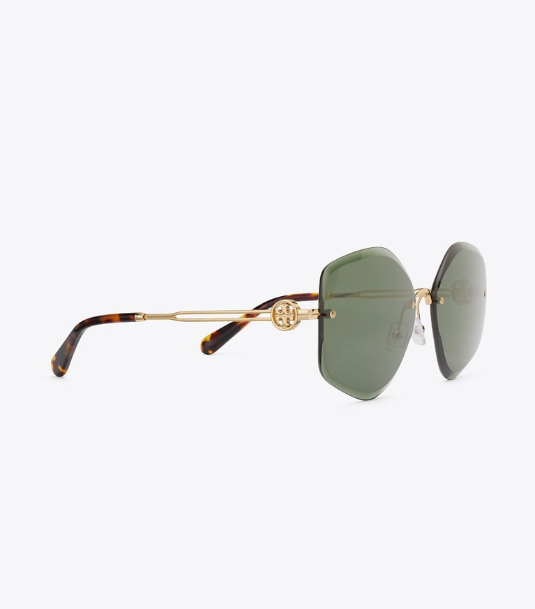 Tory Burch diseñador gafas de sol y anteojos Gafas de sol geométricas de metal Miller en SHINY GOLD/DARK GREEN detalle