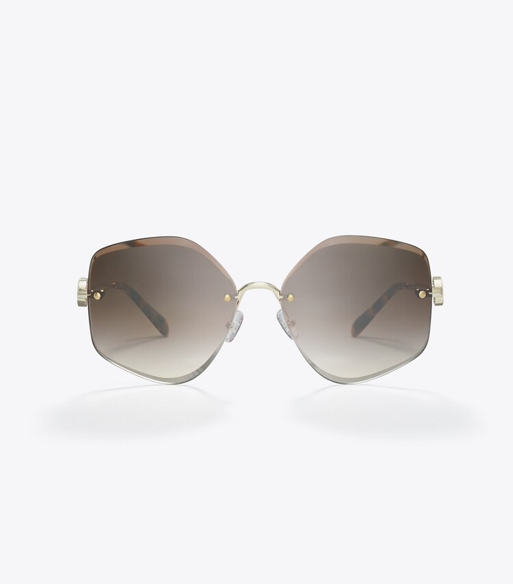 Tory Burch diseñador gafas de sol y anteojos Gafas de sol geométricas de metal Miller en SHINY LIGHT GOLD/BROWN GRADIENT frontal
