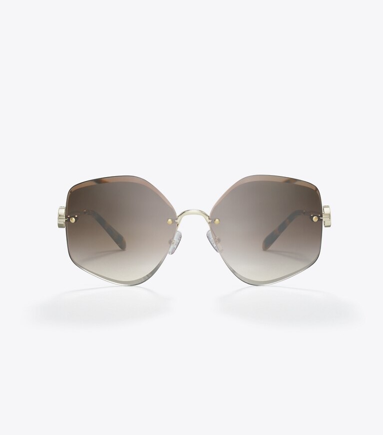 Tory Burch diseñador gafas de sol y anteojos Gafas de sol geométricas de metal Miller en SHINY LIGHT GOLD/BROWN GRADIENT frontal