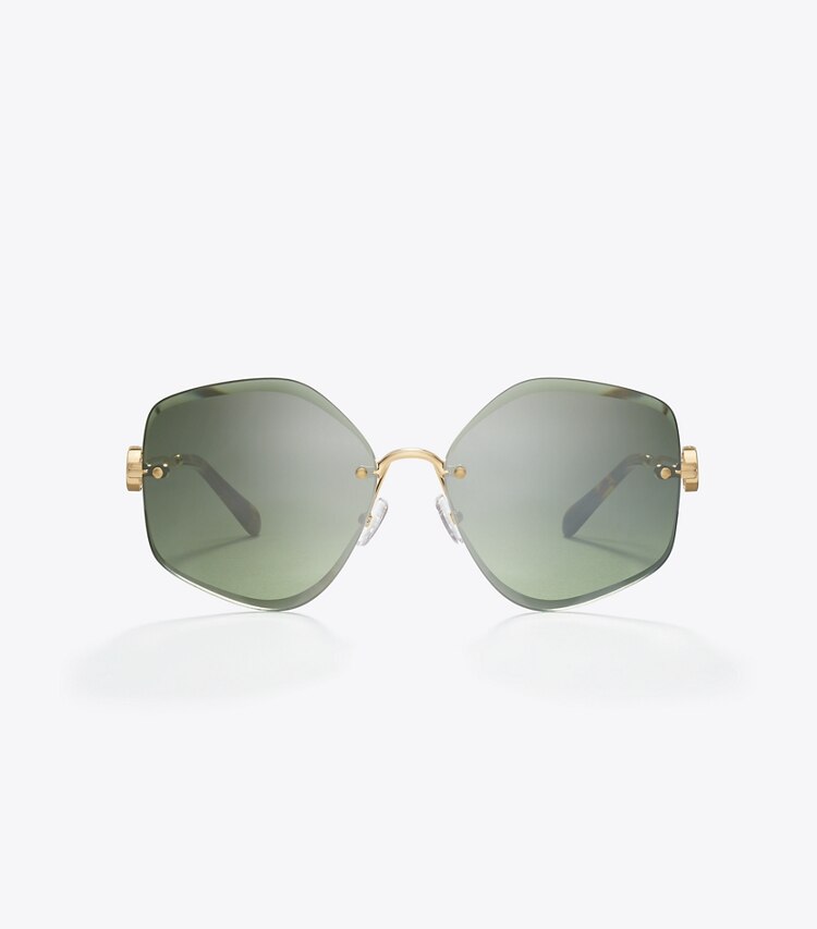 Tory Burch diseñador gafas de sol y anteojos Gafas de sol geométricas de metal Miller en SHINY GOLD/DARK GREEN frente