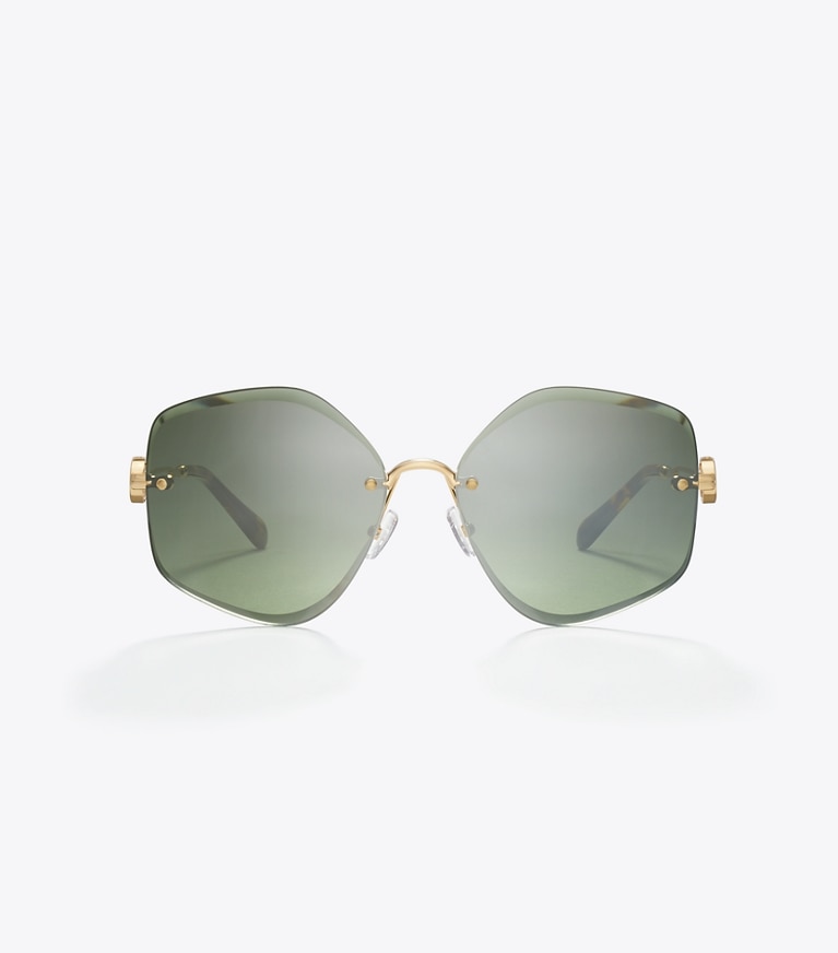 Tory Burch diseñador gafas de sol y anteojos Gafas de sol geométricas de metal Miller en SHINY GOLD/DARK GREEN frente