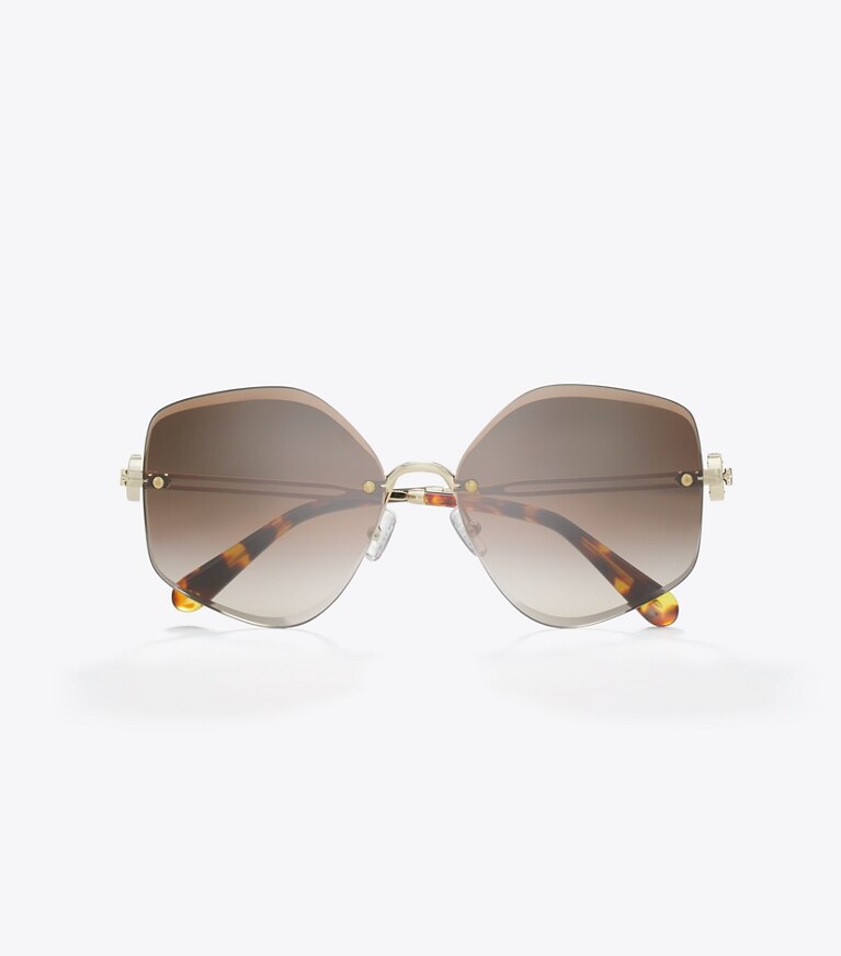 Tory Burch diseñador gafas de sol y anteojos Gafas de sol geométricas de metal Miller en SHINY LIGHT GOLD/BROWN GRADIENT desde arriba