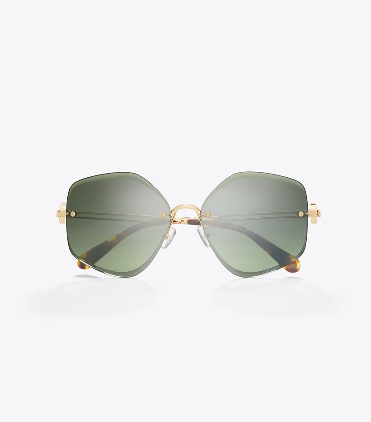 Tory Burch diseñador gafas de sol y anteojos Gafas de sol geométricas de metal Miller en SHINY GOLD/DARK GREEN vista superior