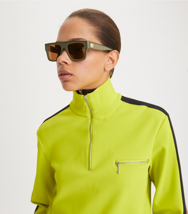 Tory Burch diseñador gafas de sol y anteojos Gafas de sol geométricas extragrandes en MILKY OLIVE/BROWN FLASH MIRROR accesorio en el modelo