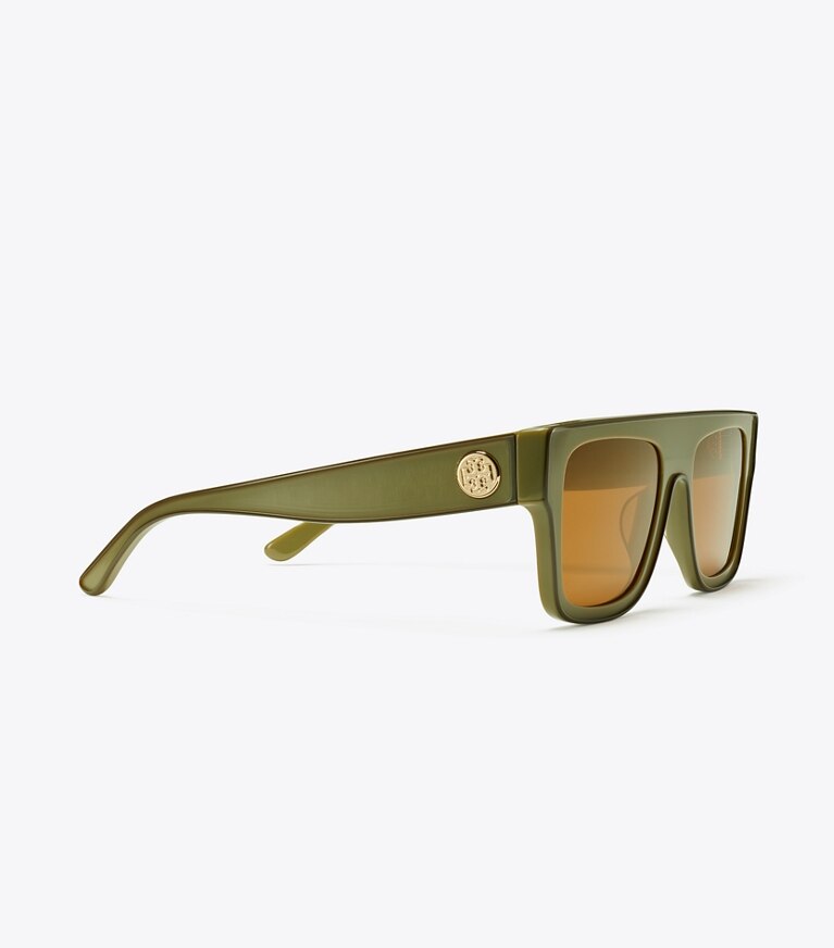 Tory Burch diseñador gafas de sol y anteojos Gafas de sol geométricas extragrandes en MILKY OLIVE/BROWN FLASH MIRROR detalle