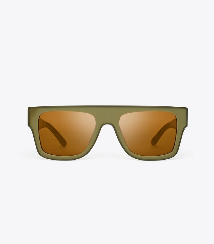 Tory Burch diseñador gafas de sol y anteojos Gafas de sol geométricas extragrandes en MILKY OLIVE/BROWN FLASH MIRROR frontal