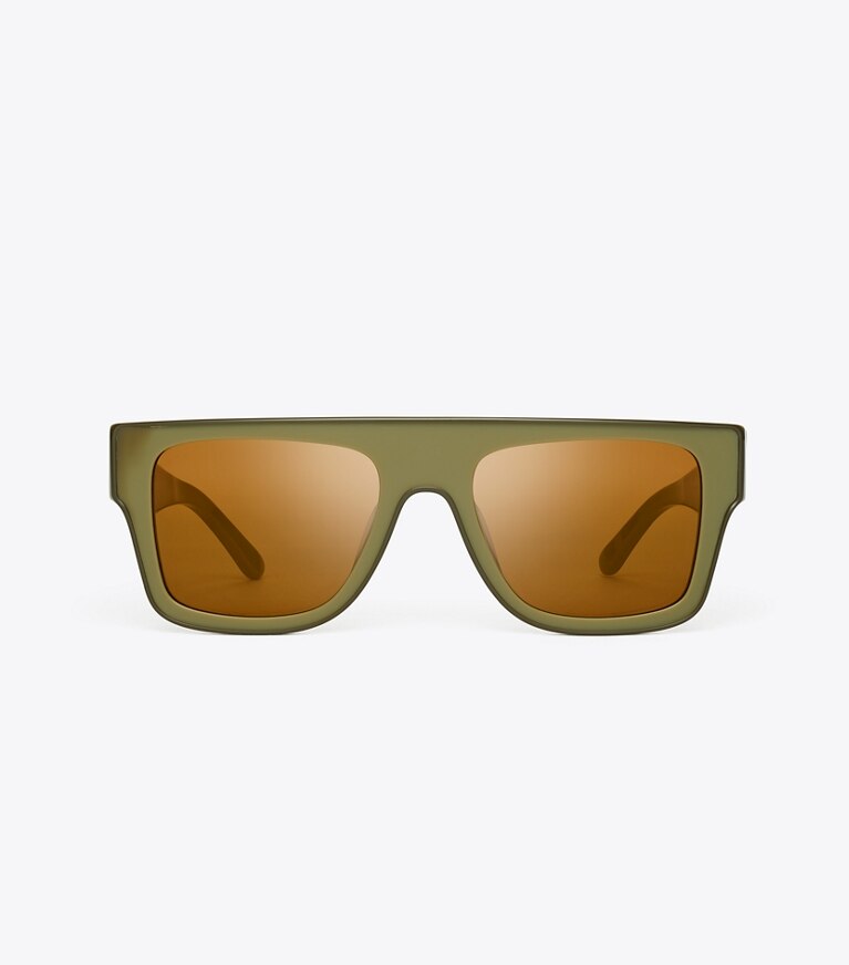 Tory Burch diseñador gafas de sol y anteojos Gafas de sol geométricas extragrandes en MILKY OLIVE/BROWN FLASH MIRROR frontal