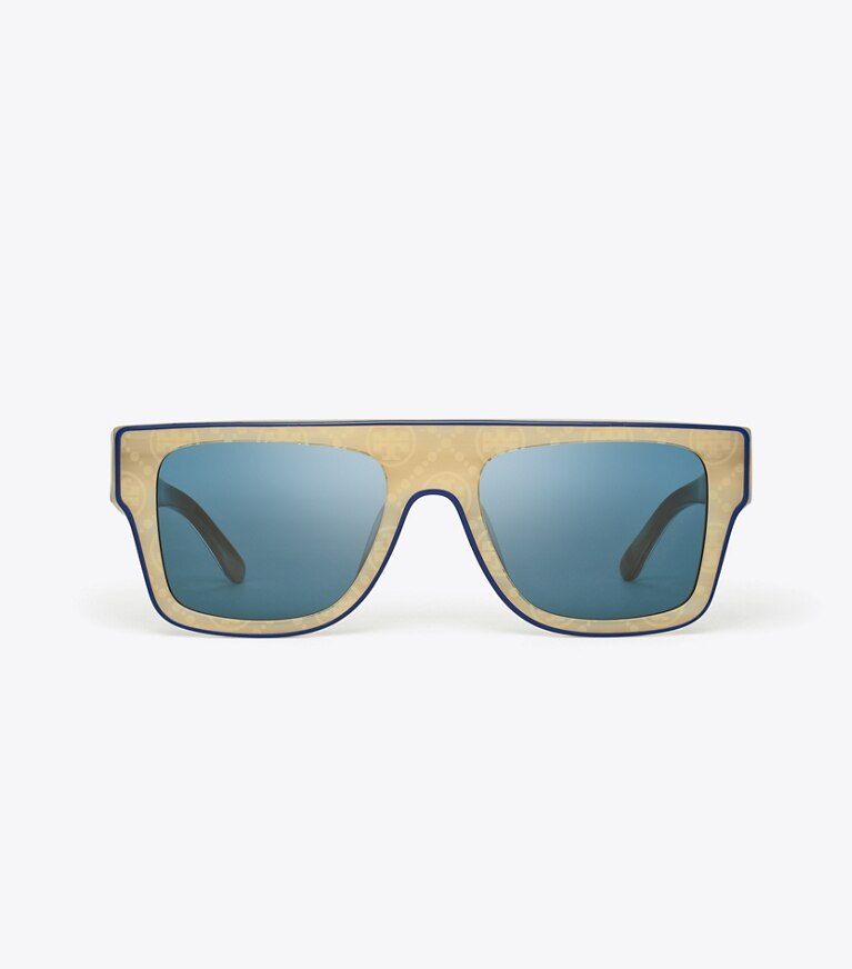 Tory Burch diseñador gafas de sol y gafas graduadas Gafas de sol geométricas extragrandes en IVORY T MONOGRAM/NAVY PIPING/ SOLID NAVY frente