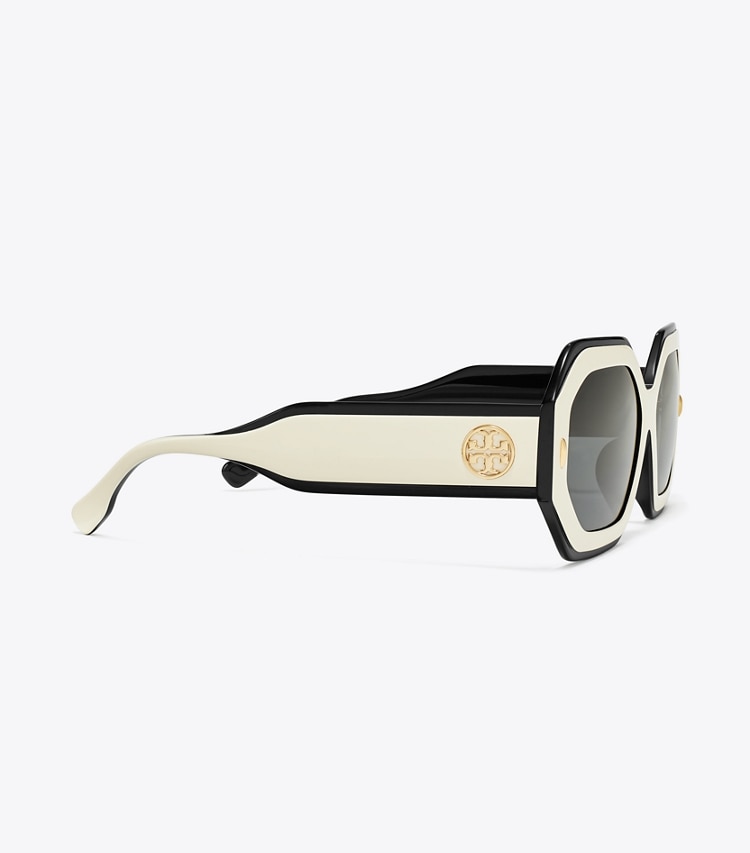 Tory Burch diseñador gafas de sol y gafas graduadas Gafas de sol geométricas Miller en BLACK/IVORY/DARK GREY SOLID detalle