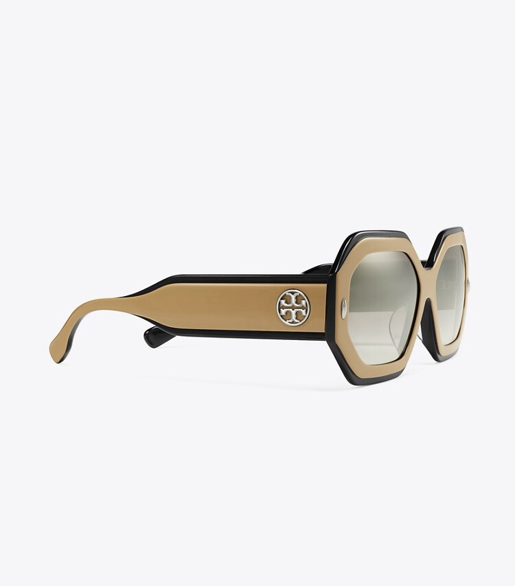 Tory Burch diseñador gafas de sol y anteojos Gafas de sol geométricas Miller en NAVY/BEIGE/CLEAR GRAD MIRROR SILVER detalle