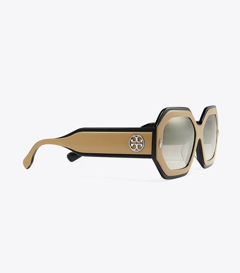 Tory Burch diseñador gafas de sol y anteojos Gafas de sol geométricas Miller en NAVY/BEIGE/CLEAR GRAD MIRROR SILVER detalle