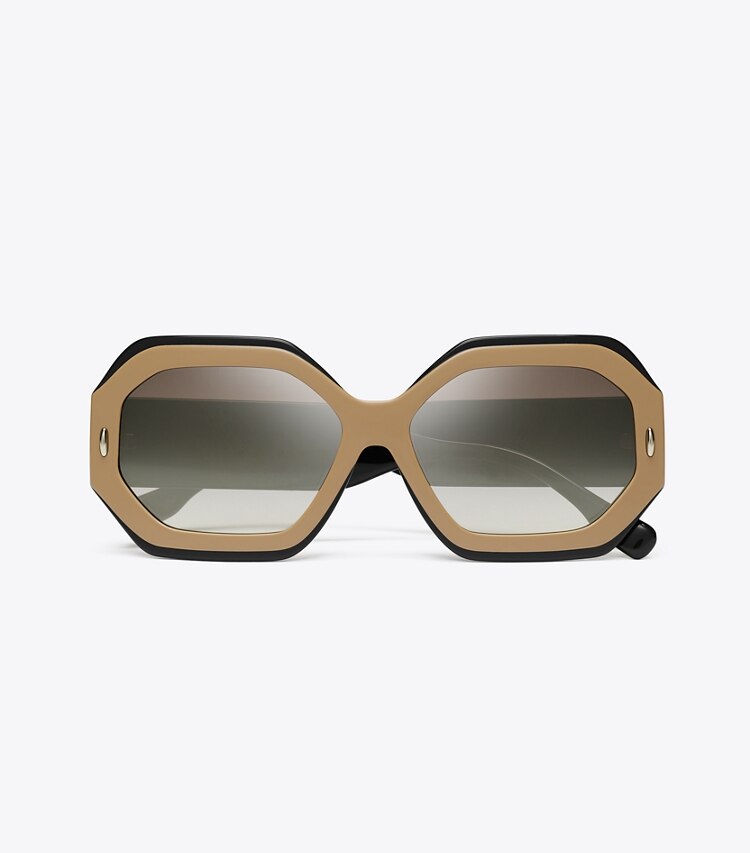 Tory Burch diseñador gafas de sol y anteojos Gafas de sol geométricas Miller en NAVY/BEIGE/CLEAR GRAD MIRROR SILVER vista superior