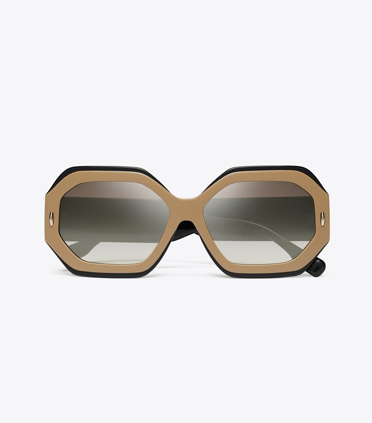 Tory Burch diseñador gafas de sol y anteojos Gafas de sol geométricas Miller en NAVY/BEIGE/CLEAR GRAD MIRROR SILVER vista superior