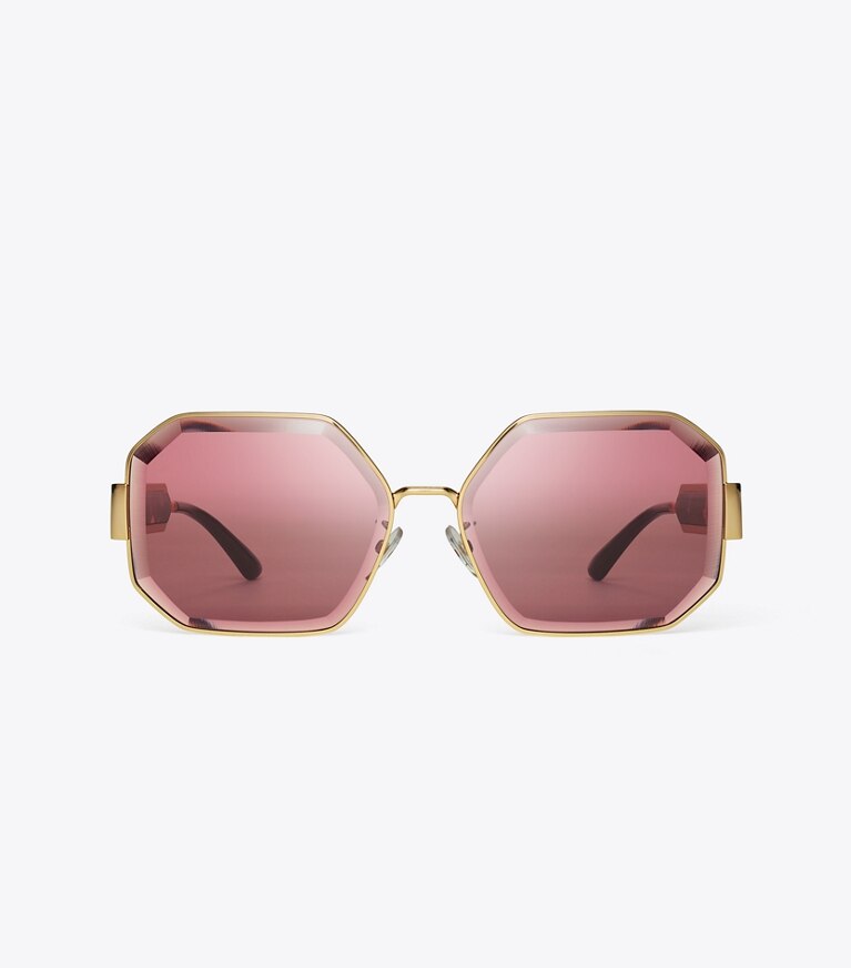 Tory Burch diseñador gafas de sol y anteojos Gafas de sol Kira con diseño geométrico facetado en SHINY GOLD/SOLID BORDEAUX frontal