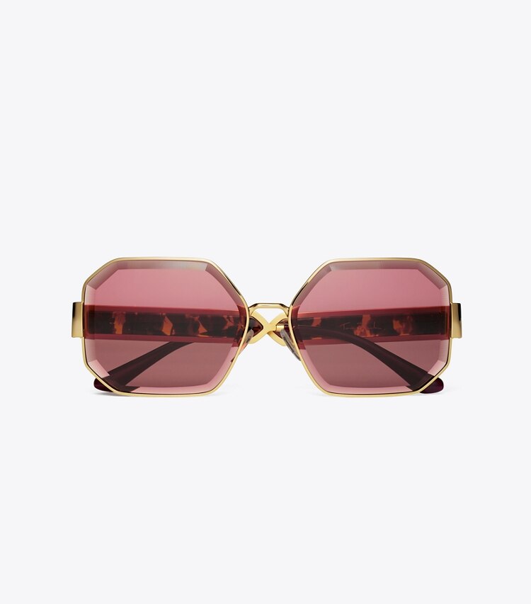 Tory Burch diseñador gafas de sol y anteojos Gafas de sol Kira con diseño geométrico facetado en SHINY GOLD/SOLID BORDEAUX desde arriba