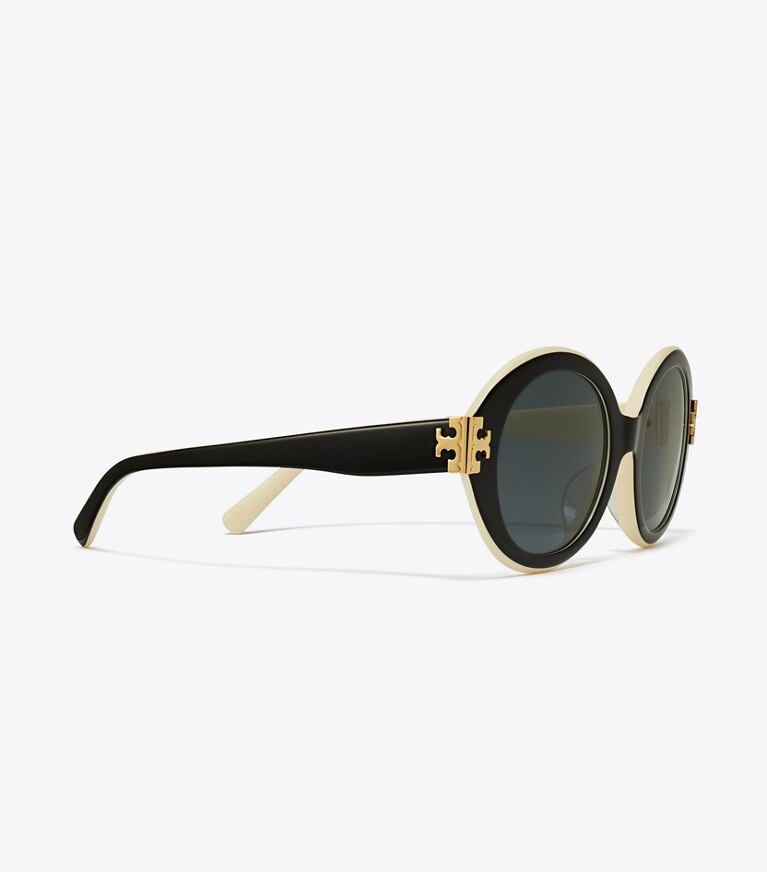 Tory Burch diseñador gafas de sol y anteojos Gafas de sol ovaladas Eleanor en BLACK/IVORY/DARK GREY SOLID detalle