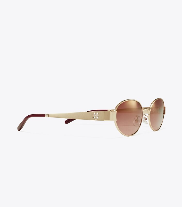 Tory Burch diseñador gafas de sol y anteojos Gafas de sol ovaladas metálicas Miller en SHINY LIGHT GOLD/LIGHT PINK GRADIENT MIRROR detalle