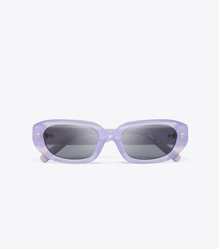 Tory Burch diseñador gafas de sol y gafas graduadas Gafas de sol rectangulares con monograma T en MILKY PURPLE/GREY vista superior