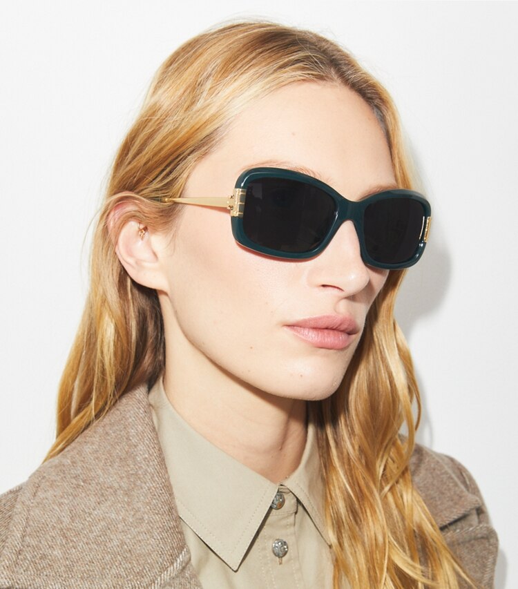 Tory Burch diseñador gafas de sol y anteojos Gafas de sol rectangulares Eleanor en DARK GREEN/DARK GREY accesorio en modelo